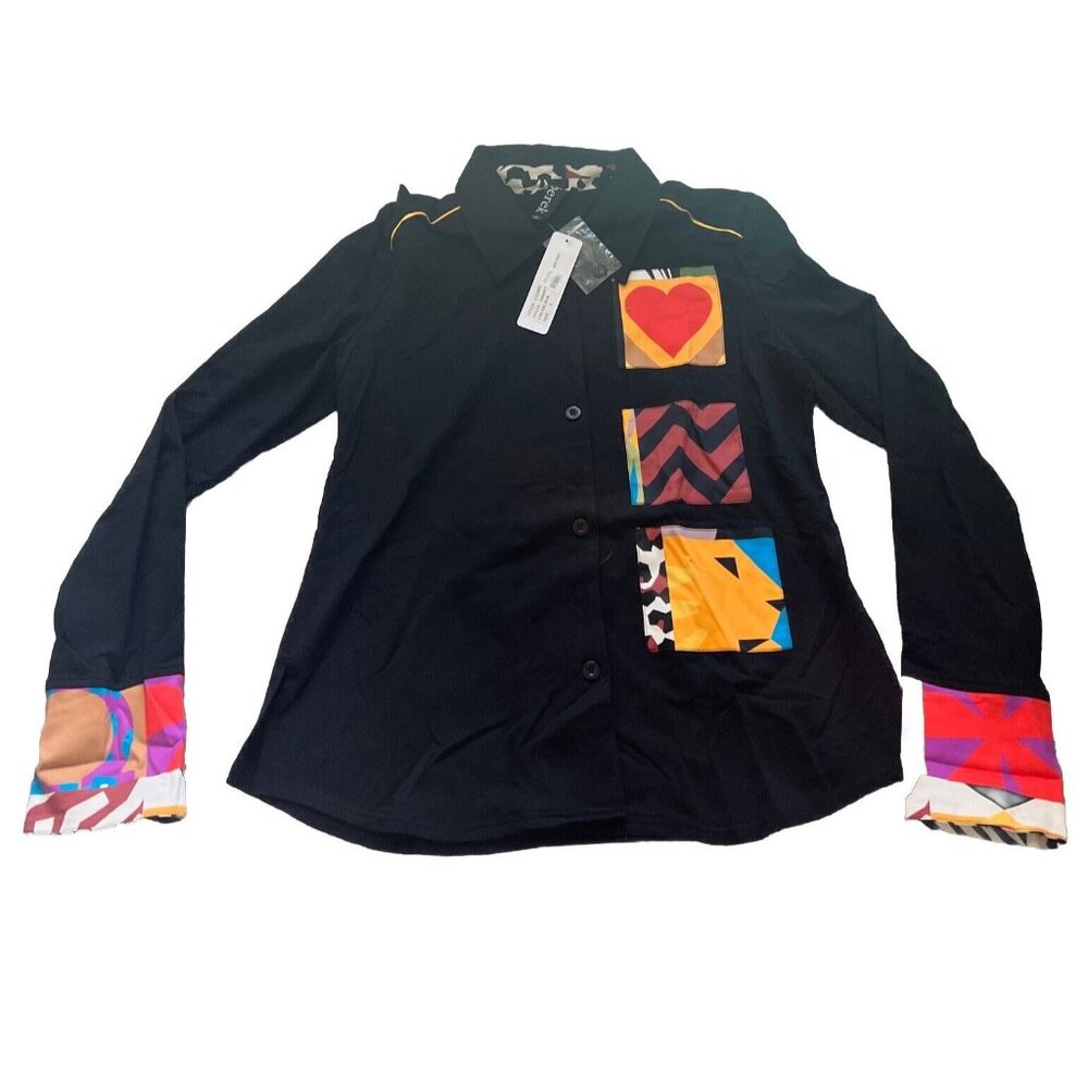 Berek Animal Collage Patched Women Button  Shirt Retail Price $155 Black‎